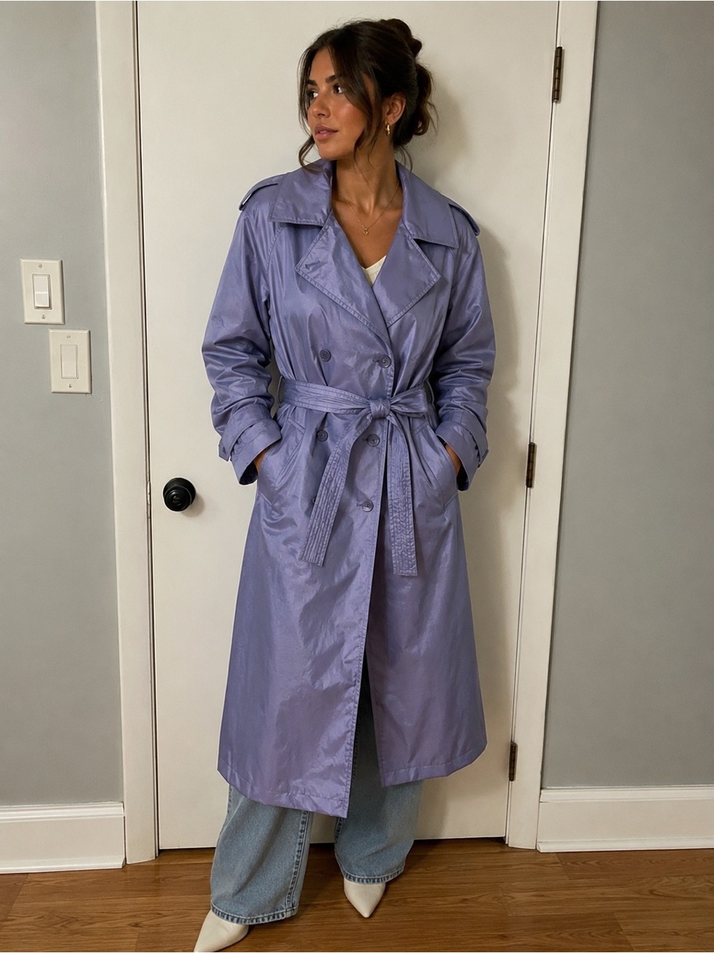 LONDON TOWNE Lavender Double-Breasted Trench Coat